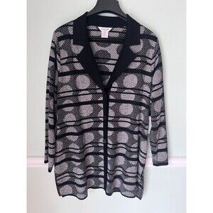 Exclusively Misook 1x Black White Stripe Circle Acrylic long cardigan Duster NWT